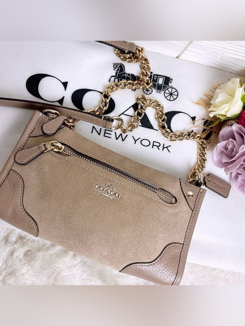 Coach Taupe Suede & Leather Crossbody with Gold Chain
